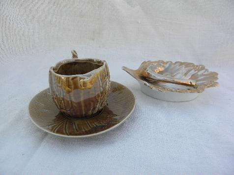 photo of autumn leaf dish & tiny walnut cup & saucer, vintage nature inspired china #1