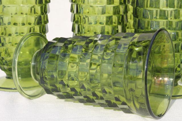 photo of avocado green glass footed tumblers, tall cube pattern glasses Whitehall Indiana Colony #2