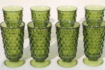 catalog photo of avocado green glass footed tumblers, tall cube pattern glasses Whitehall Indiana Colony