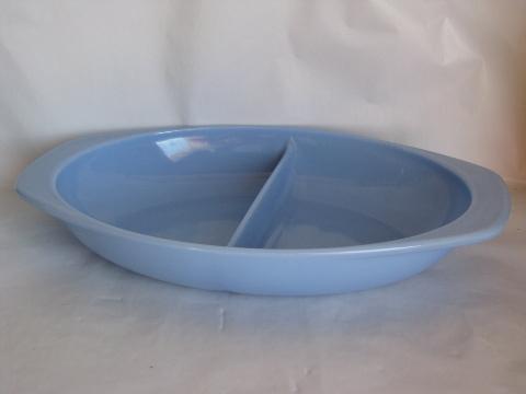 photo of azurite blue Pyrex, vintage kitchen glass baking dish, divided oval #1