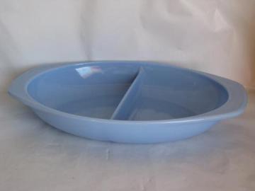 catalog photo of azurite blue Pyrex, vintage kitchen glass baking dish, divided oval