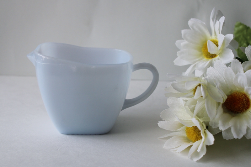 photo of azurite blue milk glass, vintage Anchor Hocking Fire King Charm square cream pitcher #1