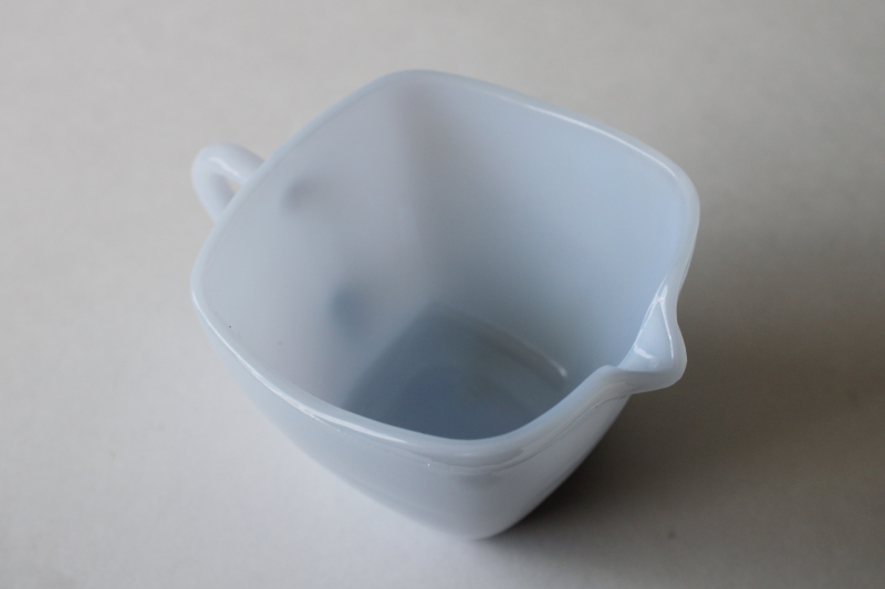 photo of azurite blue milk glass, vintage Anchor Hocking Fire King Charm square cream pitcher #3