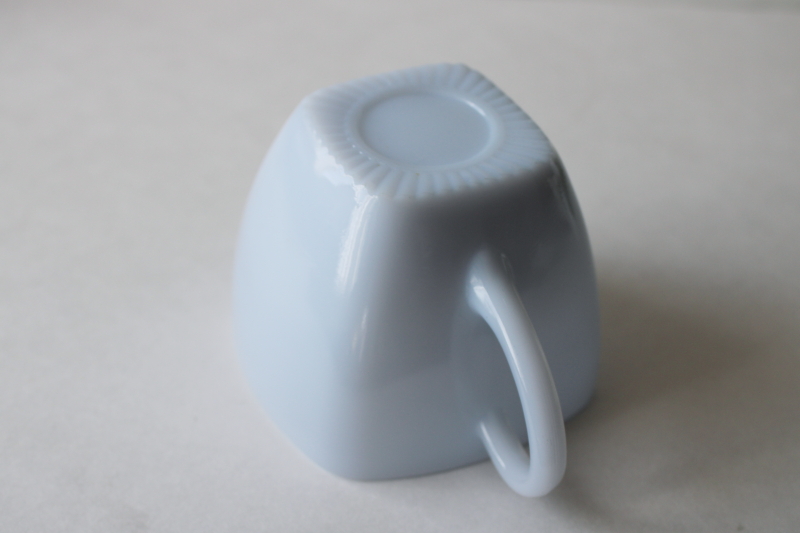 photo of azurite blue milk glass, vintage Anchor Hocking Fire King Charm square cream pitcher #4