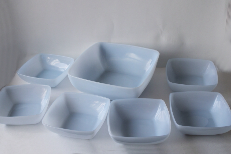 photo of azurite blue milk glass, vintage Anchor Hocking Fire King Charm square salad bowls set #1