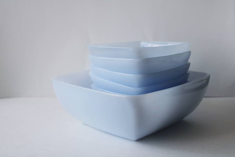 photo of azurite blue milk glass, vintage Anchor Hocking Fire King Charm square salad bowls set #6