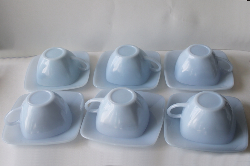 photo of azurite blue milk glass, vintage Anchor Hocking Fire King delphite Charm square cups & saucers #2