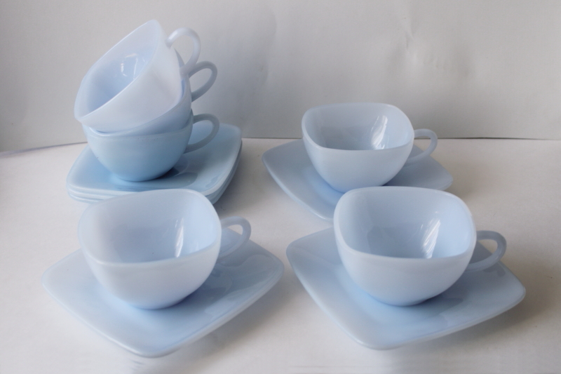 photo of azurite blue milk glass, vintage Anchor Hocking Fire King delphite Charm square cups & saucers #3