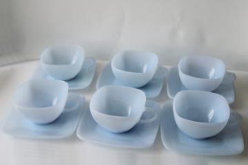 azurite blue milk glass, vintage Anchor Hocking Fire King delphite Charm square cups & saucers