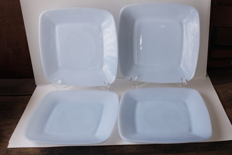 photo of azurite blue milk glass, vintage Anchor Hocking Fire King delphite Charm square dinner plates #1