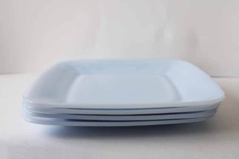 photo of azurite blue milk glass, vintage Anchor Hocking Fire King delphite Charm square dinner plates #5