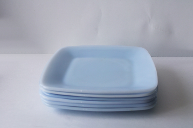 photo of azurite blue milk glass, vintage Anchor Hocking Fire King delphite Charm square salad plates #1