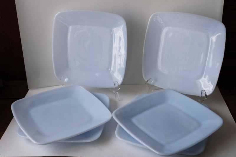 photo of azurite blue milk glass, vintage Anchor Hocking Fire King delphite Charm square salad plates #4