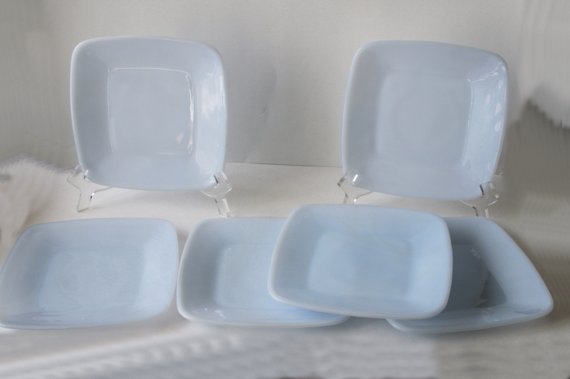 photo of azurite blue milk glass, vintage Anchor Hocking Fire King delphite Charm square small plates #1