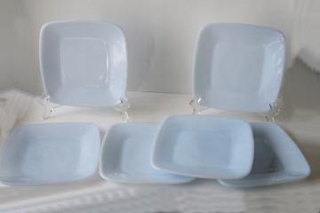 catalog photo of azurite blue milk glass, vintage Anchor Hocking Fire King delphite Charm square small plates