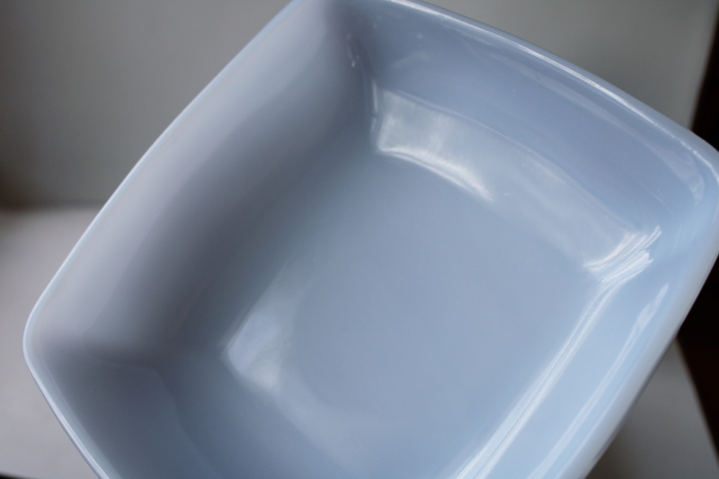 photo of azurite blue milk glass, vintage Anchor Hocking Fire King delphite Charm square soup bowls #3