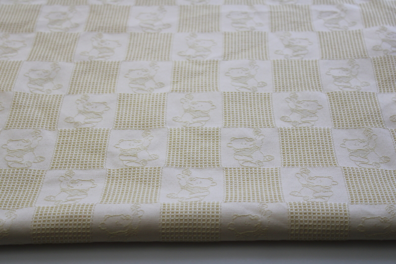 photo of baby Pooh bear embroidered fabric, buttery yellow solid cotton blend, waffle texture patchwork blocks #1