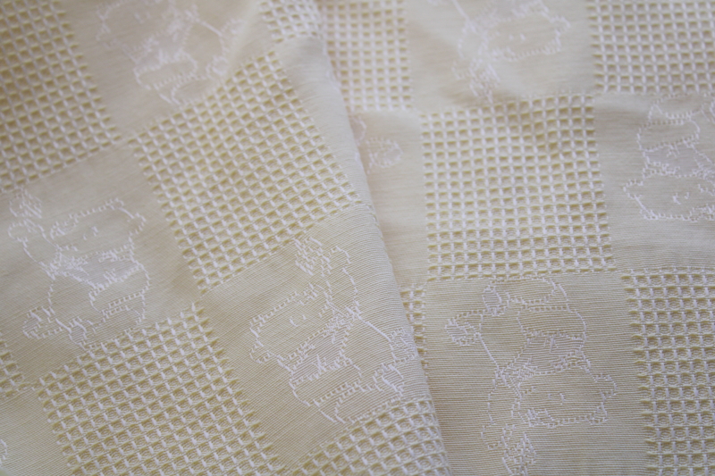 photo of baby Pooh bear embroidered fabric, buttery yellow solid cotton blend, waffle texture patchwork blocks #3