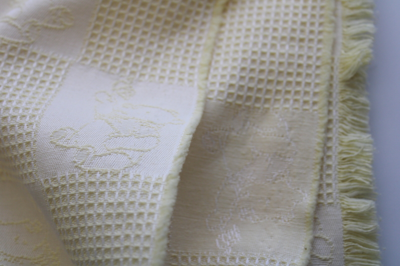 photo of baby Pooh bear embroidered fabric, buttery yellow solid cotton blend, waffle texture patchwork blocks #4