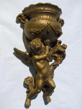 catalog photo of baby angel, vintage ornate gold cherub wall art pocket vase for faux ivy, flowers