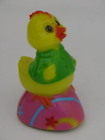 photo of baby chick on Easter egg racer, vintage hard plastic friction toy car #1