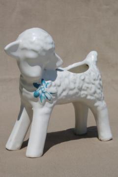 catalog photo of baby lamb figural planter, mid-century vintage matte white pottery flower pot