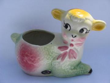 catalog photo of baby lamb vintage pottery planter, to hold spring flowers for Easter