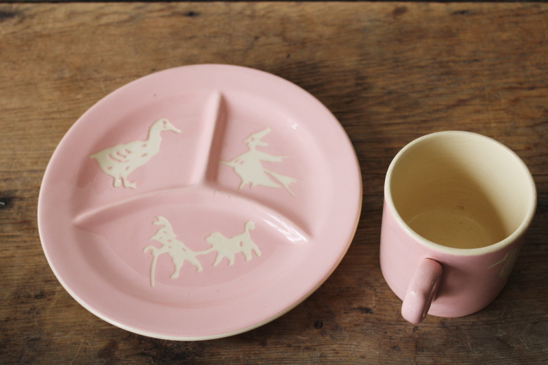 photo of baby pink vintage Harker Cameo ware Mother Goose child size mug & plate  #4