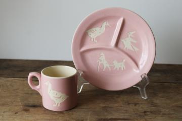 catalog photo of baby pink vintage Harker Cameo ware Mother Goose child size mug & plate 