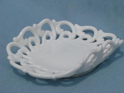 photo of backward C lace edge banana boat fruit bowl, vintage Fenton milk glass #1