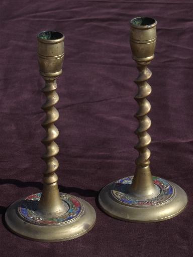 photo of barley twist enamel color solid brass candle sticks, vintage enameled brass #1