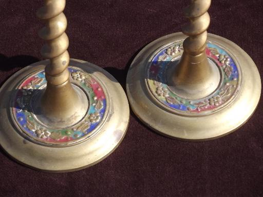 photo of barley twist enamel color solid brass candle sticks, vintage enameled brass #2