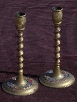 catalog photo of barley twist enamel color solid brass candle sticks, vintage enameled brass