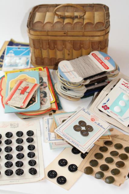 photo of basket full of vintage sewing notions, needle books, carded yarn, thread, buttons #1