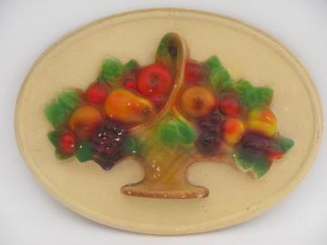 catalog photo of basket of bright fruit, 30s vintage painted chalkware wall art plaque