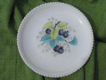 catalog photo of bead edge Westmoreland milk glass plate, hand-painted blue raspberries