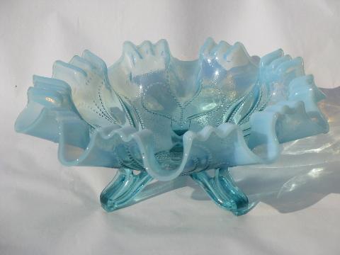 photo of beaded heart crimped blue opalescent glass antique vintage footed bowl #1