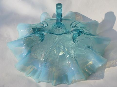 photo of beaded heart crimped blue opalescent glass antique vintage footed bowl #4