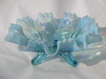 catalog photo of beaded heart crimped blue opalescent glass antique vintage footed bowl