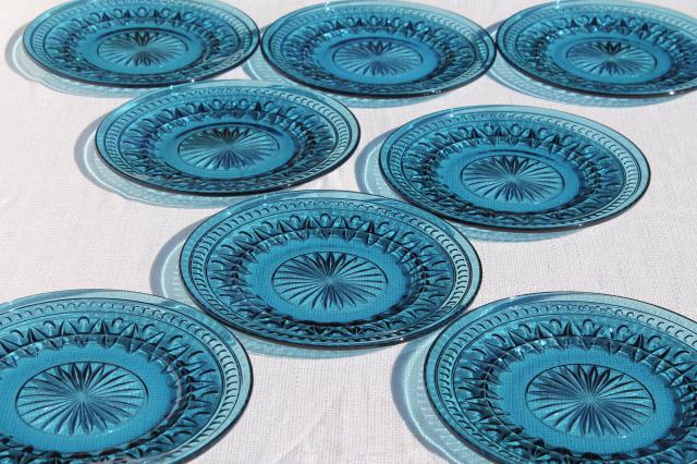 photo of beautiful blue Park Lane pattern glass salad plates, vintage Colony glass #1