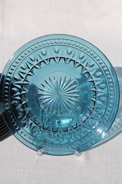 photo of beautiful blue Park Lane pattern glass salad plates, vintage Colony glass #3