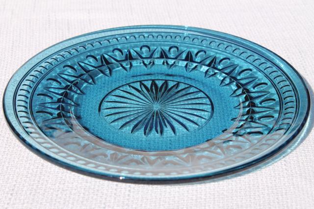 photo of beautiful blue Park Lane pattern glass salad plates, vintage Colony glass #5