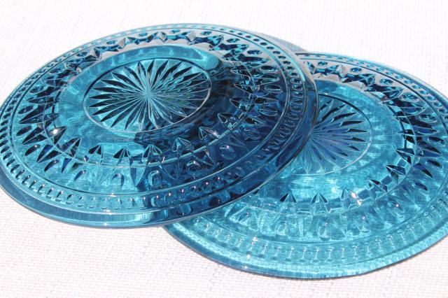 photo of beautiful blue Park Lane pattern glass salad plates, vintage Colony glass #6