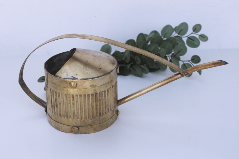 photo of beautiful old patina vintage brass watering can w/ long narrow spout to water houseplants  #1