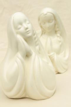 catalog photo of beautiful vintage Madonnas, matte white pottery Mary planter vases, large religious statues