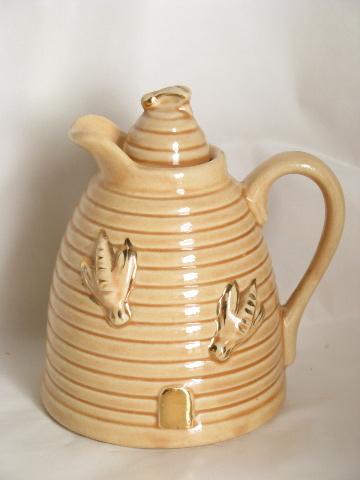 photo of beehive w/ bees, vintage USA pottery honey pitcher, bee skep hive shape #1