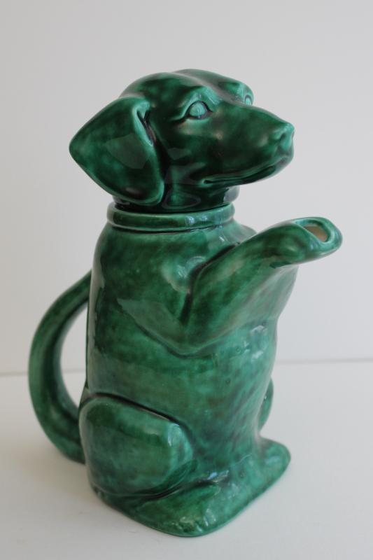 photo of begging beagle dog vintage handmade ceramic teapot, jade green glaze #1