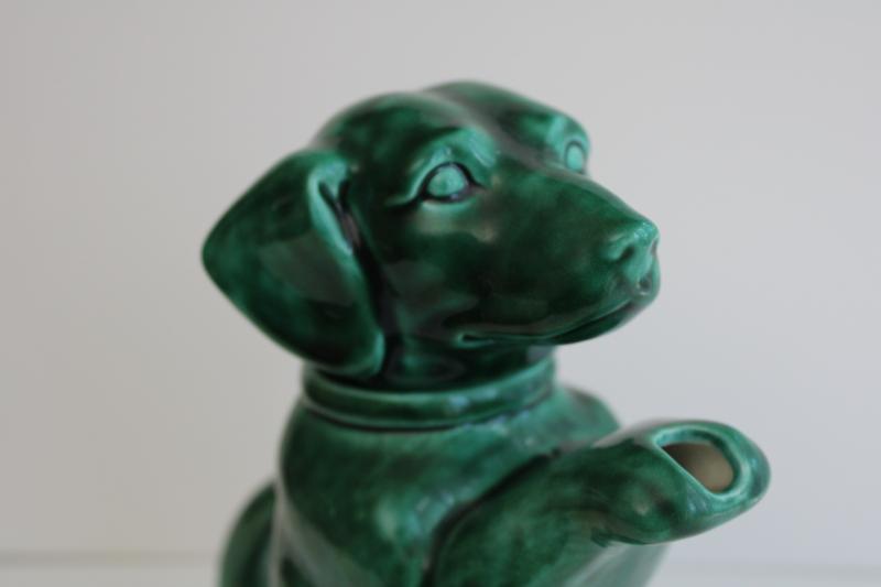 photo of begging beagle dog vintage handmade ceramic teapot, jade green glaze #2