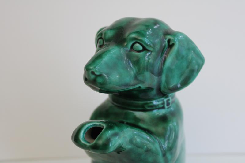 photo of begging beagle dog vintage handmade ceramic teapot, jade green glaze #3