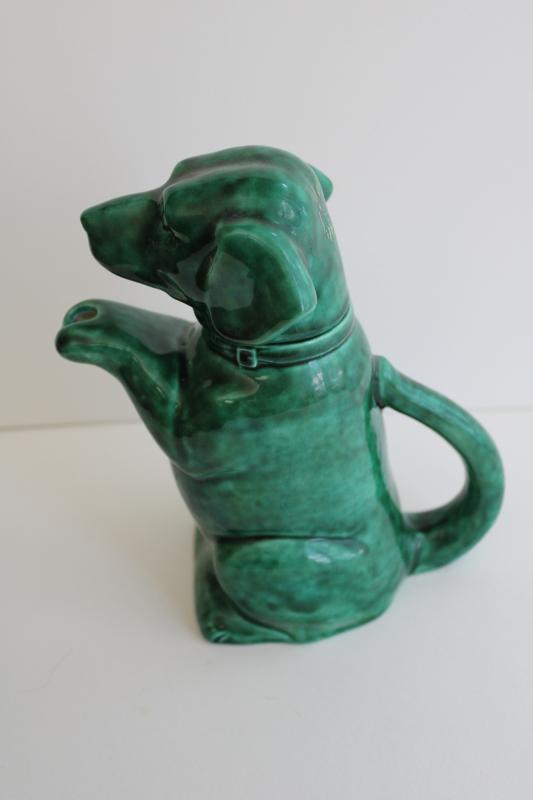 photo of begging beagle dog vintage handmade ceramic teapot, jade green glaze #5